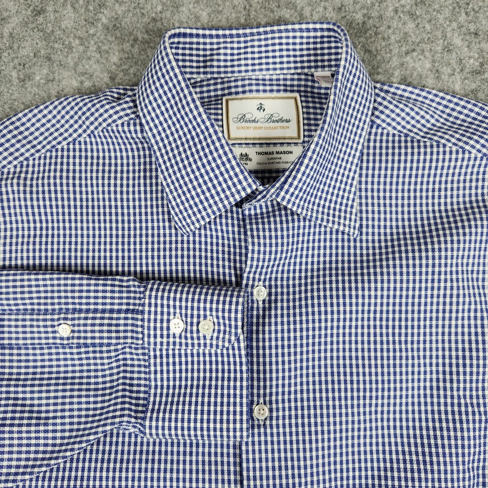 Brooks Brothers Madison Fit Shirt Men 17 33 Blue Gingham Thomas Mason Italian